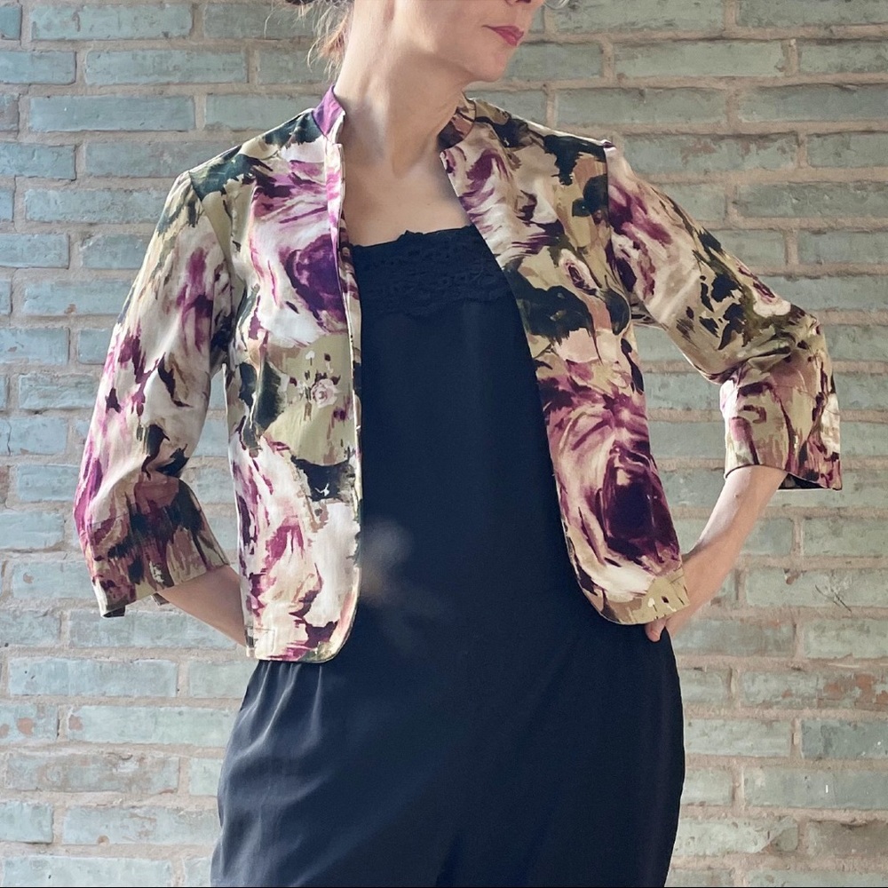 Coldwater Creek Jacket Floral Rise Cropped Open Blazer Petite 3/4 Sleeve